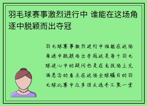羽毛球赛事激烈进行中 谁能在这场角逐中脱颖而出夺冠